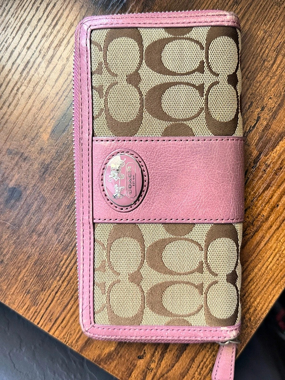 Coach Signature Canvas Center Stripe Accordion Zip Around Wallet Pink & Brown